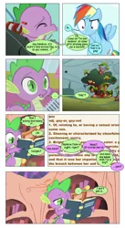 Size: 868x1582 | Tagged: a dog and pony show, artist:dziadek1990, book, comic, confused, confusion, conversation, derpibooru import, dialogue, dictionary, edit, edited screencap, fall weather friends, female, fishing rod, gay, golden oaks library, hearts and hooves day, implied twilight sparkle, kissing, library, male, microphone, owl's well that ends well, puckered lips, rainbow dash, rainbowspike, safe, screencap, screencap comic, shipping, shipping denied, slice of life, spike, straight, text, twilight sparkle