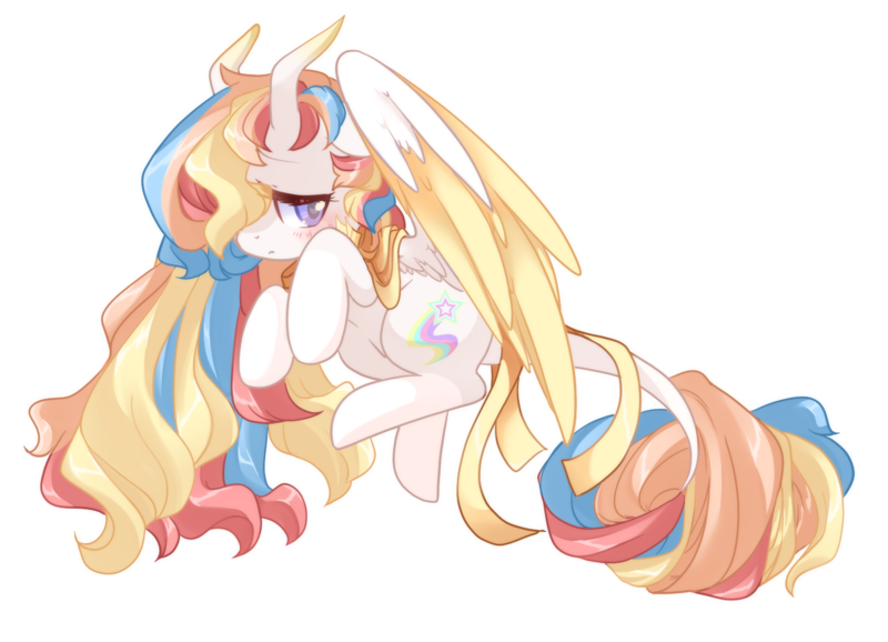 Size: 1385x1000 | Tagged: safe, artist:loyaldis, derpibooru import, oc, oc:rainbow dreams, pegasus, pony, blushing, commission, cute, embarrassed, female, hair over one eye, leonine tail, ribbon, simple background, transparent background, ych result