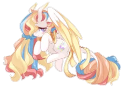 Size: 1385x1000 | Tagged: safe, artist:loyaldis, derpibooru import, oc, oc:rainbow dreams, pegasus, pony, blushing, commission, cute, embarrassed, female, hair over one eye, leonine tail, ribbon, simple background, transparent background, ych result