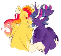 Size: 659x612 | Tagged: safe, derpibooru import, sunset shimmer, twilight sparkle, twilight sparkle (alicorn), alicorn, alicornified, alternate hairstyle, blushing, female, lesbian, nuzzling, race swap, shimmercorn, shipping, sunsetsparkle