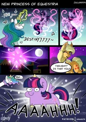 Size: 1600x2264 | Tagged: safe, artist:julunis14, derpibooru import, applejack, princess celestia, twilight sparkle, twilight sparkle (alicorn), alicorn, earth pony, pony, unicorn, magical mystery cure, alicorn flash, alicornified, celestia's ballad, comic, cutie mark, exploitable meme, magic, meme, oh crap face, oh no, princess celestia's special princess making dimension, race swap, this will not end well, twiggie, vulgar, what has magic done, xk-class end-of-the-world scenario