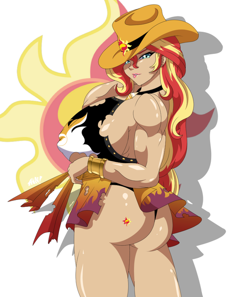 Size: 674x866 | Tagged: source needed, questionable, artist:desingahv, derpibooru import, sunset shimmer, equestria girls, ass, biceps, breasts, bunset shimmer, busty sunset shimmer, butt, clothes, come hither, commission, cowboy hat, cowgirl, female, hat, human coloration, lip bite, sexy, solo, solo female, swimsuit