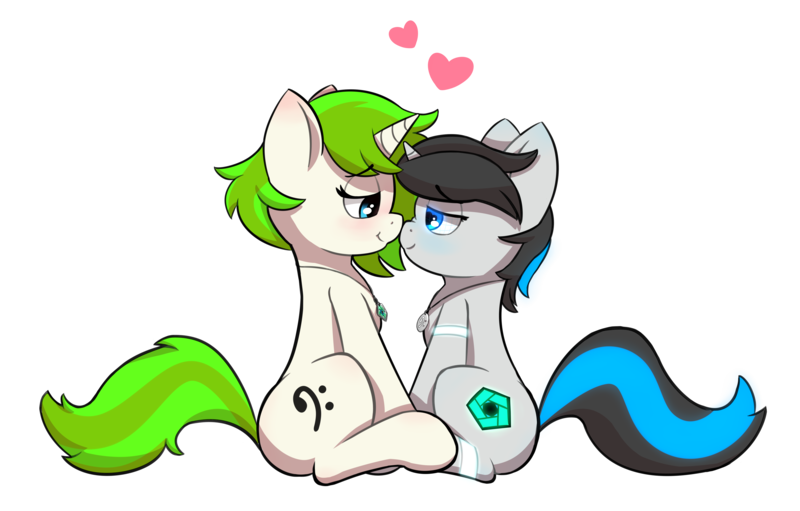 Size: 6869x4386 | Tagged: safe, artist:maxisb8, derpibooru import, oc, oc:c1t0-b0r, oc:vinyl mix, pony, robot, robot pony, unicorn, blushing, citomix, commission, couple, female, glow, happy, heart, heart eyes, jewelry, lesbian, looking at each other, love, necklace, oc x oc, shipping, simple background, sitting, size difference, smiling, transparent background, wingding eyes