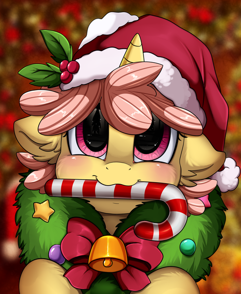 Size: 1446x1764 | Tagged: safe, artist:pridark, derpibooru import, oc, unnamed oc, earth pony, pony, unicorn, bell, blushing, candy, candy cane, christmas, commission, cute, food, hat, holiday, mouth hold, ocbetes, patreon, pridark's christmas ponies, raffle winner, santa hat, solo, wreath, ych result