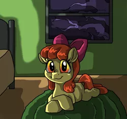 Size: 2248x2108 | Tagged: apple bloom, artist:smirk, bed, bedroom, derpibooru import, female, filly, looking at you, night, ominous, safe, shadows, solo, window