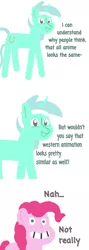 Size: 1996x5615 | Tagged: safe, artist:gamedevanon, derpibooru import, lyra heartstrings, pinkie pie, earth pony, pony, unicorn, anime, calarts, comic, dialogue, horn, looking at you, simple background, steven universe, style emulation, white background