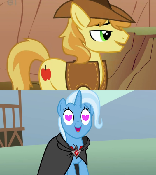 Size: 1280x1436 | Tagged: alicorn amulet, braeburn, crack shipping, derpibooru import, edit, edited screencap, female, heart eyes, magic duel, male, over a barrel, safe, screencap, shipping, shipping domino, straight, trixburn, trixie, wingding eyes