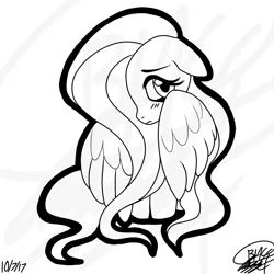 Size: 1024x1024 | Tagged: safe, artist:ozzyg, derpibooru import, fluttershy, pegasus, pony, female, mare, monochrome, solo