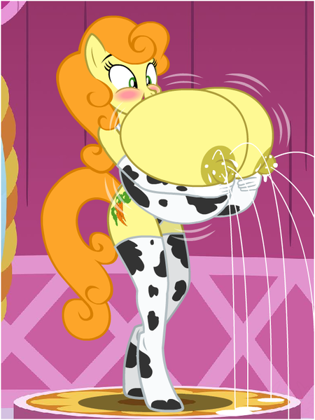 Size: 600x800 | Tagged: questionable, artist:flash equestria photography, derpibooru import, carrot top, golden harvest, anthro, earth pony, unguligrade anthro, big breasts, blushing, breast hold, breasts, busty carrot top, carousel boutique, clothes, cowprint, female, huge breasts, hyper, hyper breasts, impossibly large breasts, lactation, milk, milk squirt, nipples, nudity, socks, solo, solo female, stockings, thigh highs