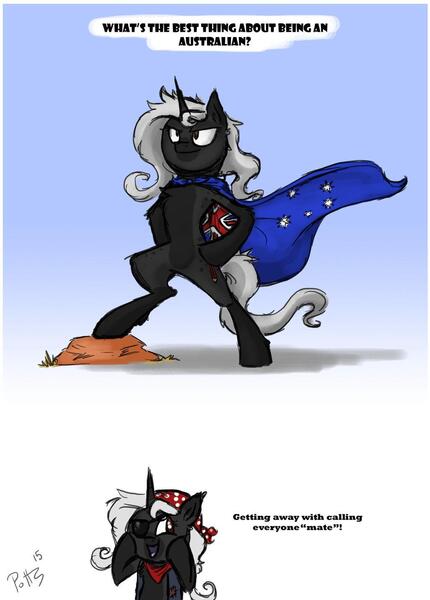 Size: 1024x1428 | Tagged: source needed, safe, artist:assassin-or-shadow, derpibooru import, oc, unofficial characters only, pony, unicorn, australia, bandana, bipedal, bust, cape, clothes, comic, dialogue, eyepatch, horn, signature, smiling, unicorn oc