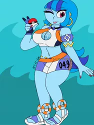 Size: 1932x2576 | Tagged: safe, artist:c_w, derpibooru import, sonata dusk, equestria girls, belly button, big breasts, breasts, busty sonata dusk, clothes, cosplay, costume, ear piercing, earring, eyeshadow, feet, jewelry, makeup, nail polish, nails, nessa, pendant, piercing, plump, pokemon sword and shield, pokémon, smiling at you, thighs, tongue out, winking at you