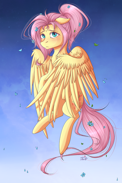 Size: 2000x3000 | Tagged: safe, artist:ashleyjaneworld, derpibooru import, fluttershy, pegasus, pony, alternate hairstyle, blushing, chest fluff, ear fluff, female, floppy ears, flower, flower in hair, gradient background, heart eyes, high res, leaf, looking at you, mare, ponytail, solo, spread wings, stray strand, three quarter view, wingding eyes, wings