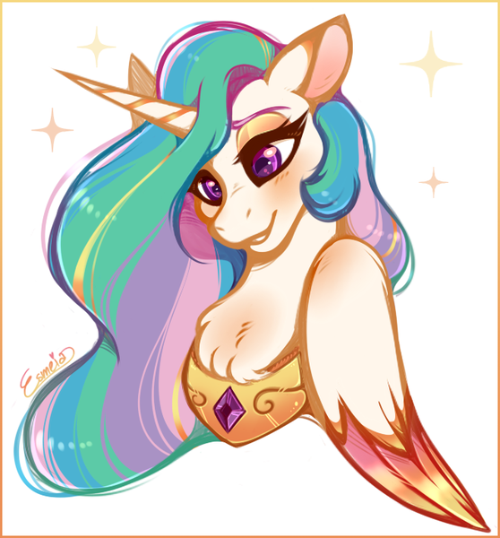 Size: 659x709 | Tagged: safe, artist:esmeia, derpibooru import, princess celestia, alicorn, pony, bust, chest fluff, colored ears, colored wings, cute, cutelestia, female, mare, peytral, portrait, simple background, solo, sparkles, two toned wings, white background, wings