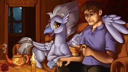 Size: 1920x1080 | Tagged: artist:eztp, bonding time, candle, classical hippogriff, derpibooru import, fanfic art, fanfic:the lost element, food, hippogriff, hug, human, indoors, male, missing accessory, moonlight, night, oc, sad, safe, sky beak, tea, teapot