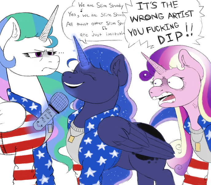 Size: 1089x951 | Tagged: safe, artist:anonymous, derpibooru import, princess cadance, princess celestia, princess luna, alicorn, pony, /mlp/, 4chan, american flag, drawthread, eminem, microphone, slim shady, song reference, speech bubble, the real slim shady (eminem), trio, vanilla ice