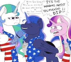 Size: 1089x951 | Tagged: safe, artist:anonymous, derpibooru import, princess cadance, princess celestia, princess luna, alicorn, pony, /mlp/, 4chan, american flag, drawthread, eminem, microphone, slim shady, song reference, speech bubble, the real slim shady (eminem), trio, vanilla ice