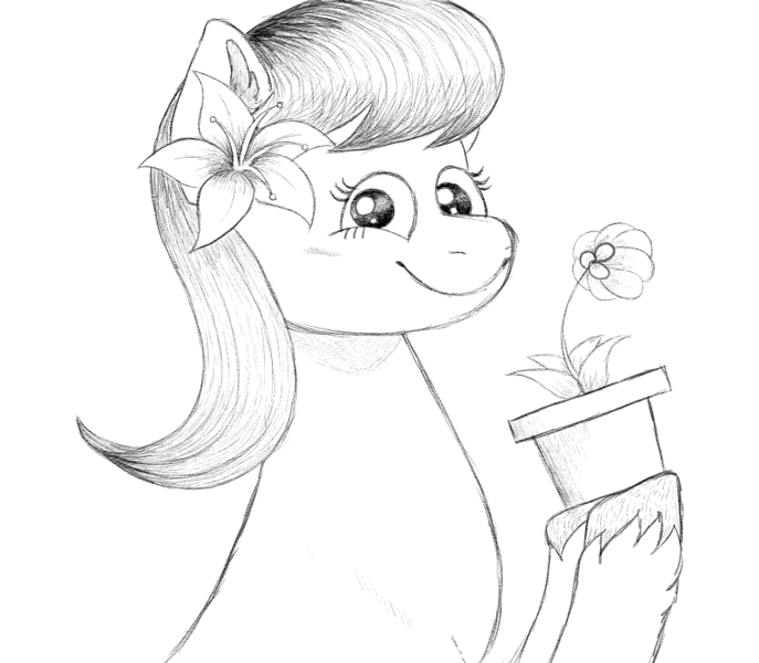 Size: 1089x951 | Tagged: safe, artist:anonymous, derpibooru import, lily, lily valley, earth pony, pony, /mlp/, 4chan, bust, drawthread, looking at you, monochrome, pot, potted plant, solo