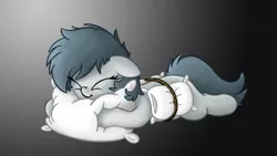 Size: 1500x847 | Tagged: safe, artist:php111, derpibooru import, oc, oc:sleepy goodnight, unofficial characters only, earth pony, pony, /mlp/, 4chan, cute, drawthread, gradient background, monochrome, pillow, simple background, solo