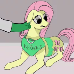 Size: 800x800 | Tagged: safe, artist:anonymous, derpibooru import, fluttershy, oc, oc:anon, ponified, pegasus, pony, /mlp/, 4chan, behaving like a dog, clothes, communicoat, drawthread, hand, nervous, offscreen character, pet, ponified animal photo, vest