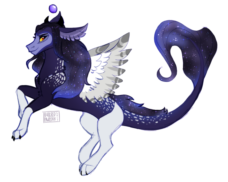 Size: 1119x890 | Tagged: artist:butteredpawpcorn, commission, derpibooru import, draconequus, draconequus oc, ethereal mane, hybrid, interspecies offspring, oc, offspring, parent:discord, parent:princess luna, parents:lunacord, safe, simple background, solo, starry mane, transparent background, unofficial characters only