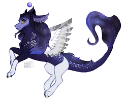 Size: 1119x890 | Tagged: artist:butteredpawpcorn, commission, derpibooru import, draconequus, draconequus oc, ethereal mane, hybrid, interspecies offspring, oc, offspring, parent:discord, parent:princess luna, parents:lunacord, safe, simple background, solo, starry mane, transparent background, unofficial characters only