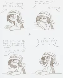 Size: 947x1165 | Tagged: safe, artist:ravenpuff, deleted from derpibooru, derpibooru import, oc, unofficial characters only, bat pony, pony, almond, bat pony oc, bat wings, bowl, christmas, comic, dialogue, eating, fangs, female, freckles, goggles, hat, holiday, mare, of:puffy, open mouth, prehensile tongue, puffy cheeks, santa hat, traditional art, wings