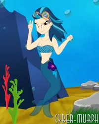 Size: 1864x2328 | Tagged: safe, artist:cyber-murph, derpibooru import, indigo zap, mermaid, equestria girls, belly, belly button, bikini, breasts, cleavage, clothes, coral, ear piercing, flowing hair, goggles, mermaidized, midriff, one eye closed, peace sign, piercing, rock, scales, seaweed, signature, species swap, swimsuit, underwater, wink