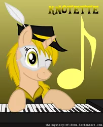 Size: 1024x1258 | Tagged: safe, artist:the-mystery-of-doom, derpibooru import, oc, unofficial characters only, pony, unicorn, clothes, cutie mark background, feather, female, gradient background, hat, horn, mare, mask, musical instrument, one eye closed, piano, text, unicorn oc, wink