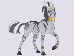 Size: 1280x960 | Tagged: safe, artist:dementra369, derpibooru import, zecora, zebra, accessories, bracelet, collar, ear piercing, earring, female, gold, hoers, image, jewelry, leg rings, looking at you, mare, mohawk, neck rings, piercing, png, realistic horse legs, ring, simple background, solo, straight hair, stripes, tail, tail ring, white background