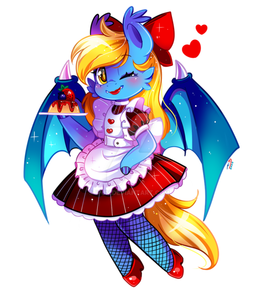 Size: 800x922 | Tagged: safe, artist:ipun, derpibooru import, oc, oc:aliax smily, unofficial characters only, anthro, bat pony, unguligrade anthro, arm hooves, bat pony oc, bat wings, bow, chibi, clothes, crossdressing, deviantart watermark, dress, fishnets, flan, food, friendship cafe, hair bow, heart, maid, male, obtrusive watermark, pudding, shoes, simple background, solo, stallion, transparent background, watermark, wings