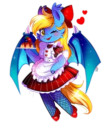 Size: 800x922 | Tagged: safe, artist:ipun, derpibooru import, oc, oc:aliax smily, unofficial characters only, anthro, bat pony, unguligrade anthro, arm hooves, bat pony oc, bat wings, bow, chibi, clothes, crossdressing, deviantart watermark, dress, fishnets, flan, food, friendship cafe, hair bow, heart, maid, male, obtrusive watermark, pudding, shoes, simple background, solo, stallion, transparent background, watermark, wings