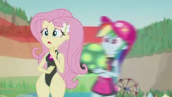 Size: 1920x1080 | Tagged: safe, derpibooru import, edit, edited screencap, screencap, fluttershy, rainbow dash, tank, aww... baby turtles, equestria girls, equestria girls series, clothes, extra thicc, fluttershy's one-piece swimsuit, image, jpeg, one-piece swimsuit, swimsuit, swimsuit edit, thighs, thunder thighs, wide hips