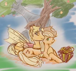 Size: 1965x1842 | Tagged: safe, artist:mirror_image, derpibooru import, applejack, oc, oc:flicker, changeling, earth pony, pony, anniversary, apple, apple tree, changeling oc, colored, commission, cuddling, food, intertwined trees, lying down, pear tree, present, romantic, shipping, tree