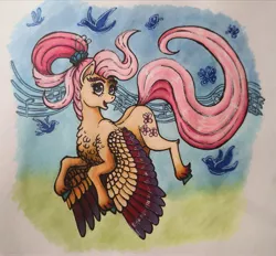 Size: 3210x2976 | Tagged: artist:mesuyoru, bird, blue eyes, butterfly, colored wings, derpibooru import, fanart, feather, female, fluttershy, flying, happy, mare, markers, music notes, older, older fluttershy, pegasus, pink mane, ponytail, safe, simple background, singing, solo, spoiler:s09, the last problem, traditional art, wings