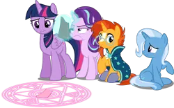 Size: 3078x1917 | Tagged: safe, artist:estories, artist:frownfactory, artist:slb94, artist:sofunnyguy, derpibooru import, edit, editor:slayerbvc, vector edit, starlight glimmer, sunburst, trixie, twilight sparkle, twilight sparkle (alicorn), alicorn, pony, unicorn, blushing, clothes, confused, female, frown, glasses, inverted mouth, looking back, looking down, magic, magic circle, male, mare, raised hoof, robe, simple background, sitting, sockless sunburst, socks (coat marking), stallion, starlight is not amused, sunburst's glasses, sunburst's robe, transparent background, unamused, vector
