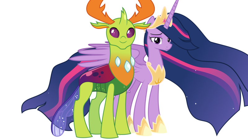 Size: 7807x4374 | Tagged: safe, artist:crystalmagic6, artist:dashiesparkle, derpibooru import, edit, vector edit, princess twilight 2.0, thorax, twilight sparkle, twilight sparkle (alicorn), alicorn, changedling, changeling, pony, the last problem, crown, ethereal mane, female, jewelry, king thorax, looking at you, male, older, older thorax, older twilight, regalia, shipping, simple background, starry mane, straight, tiara, transparent background, twirax, vector