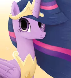 Size: 3644x4000 | Tagged: safe, artist:flutterstormreturns, derpibooru import, princess twilight 2.0, twilight sparkle, twilight sparkle (alicorn), alicorn, pony, the last problem, bust, eye contact, female, folded wings, high res, looking at each other, looking at you, portrait, simple background, solo, wings, yellow background