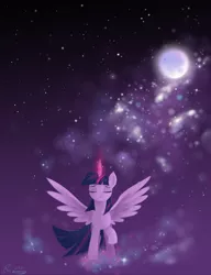 Size: 4000x5200 | Tagged: safe, artist:flutterstormreturns, derpibooru import, twilight sparkle, twilight sparkle (alicorn), alicorn, pony, eyes closed, female, magic, magic aura, moon, solo, stars, walking, wings