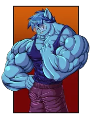 Size: 1024x1355 | Tagged: safe, artist:faogwolf, derpibooru import, oc, oc:blue, anthro, unicorn, muscles, overdeveloped muscles, solo