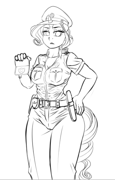 Size: 403x630 | Tagged: anthro, artist:pia-sama, breasts, busty rarity, cameltoe, cleavage, derpibooru import, female, monochrome, police uniform, questionable, rarity, sketch, solo, solo female