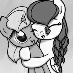 Size: 800x800 | Tagged: safe, artist:nimaru, derpibooru import, oc, oc:rose petal, oc:winter willow, unofficial characters only, pegasus, pony, unicorn, female, hug, mare, monochrome