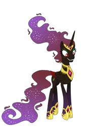 Size: 3027x3982 | Tagged: alicorn, artist:lumi-infinite64, colored wings, derpibooru import, evil, evil grin, eyeshadow, gradient hooves, gradient wings, grin, hoof shoes, jewelry, makeup, oc, oc:shadow nebula, oc villain, red eyes, regalia, safe, scar, simple background, smiling, solo, transparent background, unofficial characters only, wings