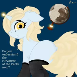 Size: 2300x2300 | Tagged: safe, artist:kotwitz, derpibooru import, oc, oc:aria taitava, unofficial characters only, pony, unicorn, abstract background, blonde, braid, butt, clothes, eye contact, flat earth, globe, looking at each other, looking at you, magic, plot, smiling, socks, solo, stockings, text, thigh highs