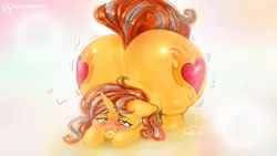 Size: 3840x2160 | Tagged: suggestive, artist:angelstudio-alicorns, derpibooru import, oc, oc:cinderheart, unofficial characters only, pony, unicorn, ass up, bedroom eyes, blushing, blushing profusely, both cutie marks, butt, butt expansion, commission, female, growth, high res, huge butt, impossibly large butt, jiggle, large butt, lip bite, looking at you, mare, raised tail, simple background, solo, tail, the ass was fat, wobbling