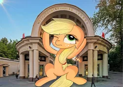 Size: 3508x2480 | Tagged: safe, artist:janelearts, derpibooru import, applejack, earth pony, human, pony, cyrillic, giant pony, irl, macro, photo, ponies in real life, russian, sky, tree