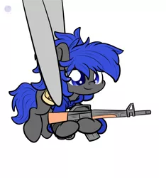 Size: 2400x2560 | Tagged: safe, artist:kimjoman, derpibooru import, oc, oc:dream², unofficial characters only, pony, assault rifle, bag, clothes, cute, gun, holding a pony, hoodie, m16, ocbetes, ponytail, redraw, rifle, saddle bag, small pony, smiling, smol, tiny, tiny ponies, tweezers, watch, weapon