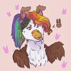 Size: 1280x1280 | Tagged: safe, artist:venti-star, derpibooru import, oc, oc:rainbow feather, gryphon, hippogriff, bunny ears, cute, female, interspecies offspring, magical lesbian spawn, offspring, parent:gilda, parent:rainbow dash, parents:gildash, solo