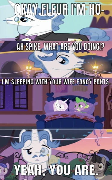 Size: 634x1018 | Tagged: safe, derpibooru import, edit, edited screencap, editor:undeadponysoldier, screencap, fancypants, fleur-de-lis, spike, dragon, pony, unicorn, princess spike (episode), stare master, sweet and elite, asdfmovie, bed, caption, caught, cheating, clothes, comic, confused, crack shipping, facial hair, female, fleur-de-spike, image macro, lying down, male, mare, marmite is terrible, moustache, reference, shipping, stallion, text, wrong aspect ratio