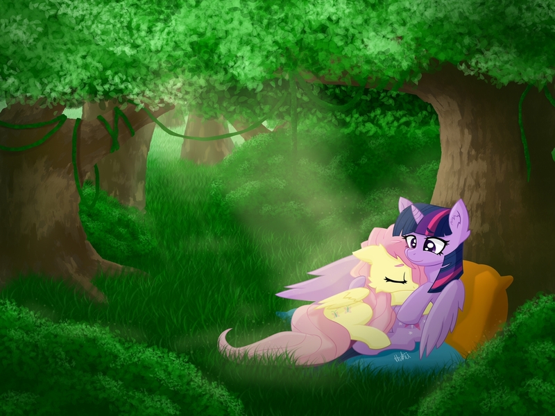 Size: 1920x1440 | Tagged: safe, artist:navokin, derpibooru import, fluttershy, twilight sparkle, twilight sparkle (alicorn), alicorn, pegasus, pony, cheek fluff, crepuscular rays, cuddling, ear fluff, eyes closed, female, forest, hug, lesbian, mare, outdoors, pillow, shipping, sleeping, three quarter view, tree, twishy, under the tree