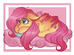 Size: 1024x768 | Tagged: safe, artist:glamourcoffee, derpibooru import, fluttershy, pegasus, pony, abstract background, cloud, colored ears, colored wings, colored wingtips, cute, eye clipping through hair, female, floppy ears, folded wings, mare, on a cloud, pillow, prone, shyabetes, signature, solo, starry eyes, three quarter view, two toned wings, wingding eyes, wings